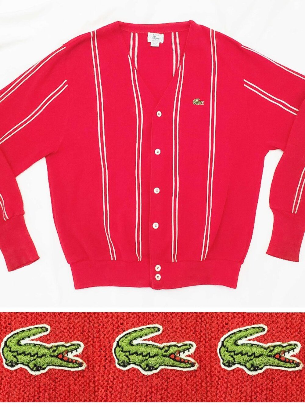 Vintage IZOD Lacoste Men's Cardigan Red White Stripe Orlon Knit Sweater USA XL